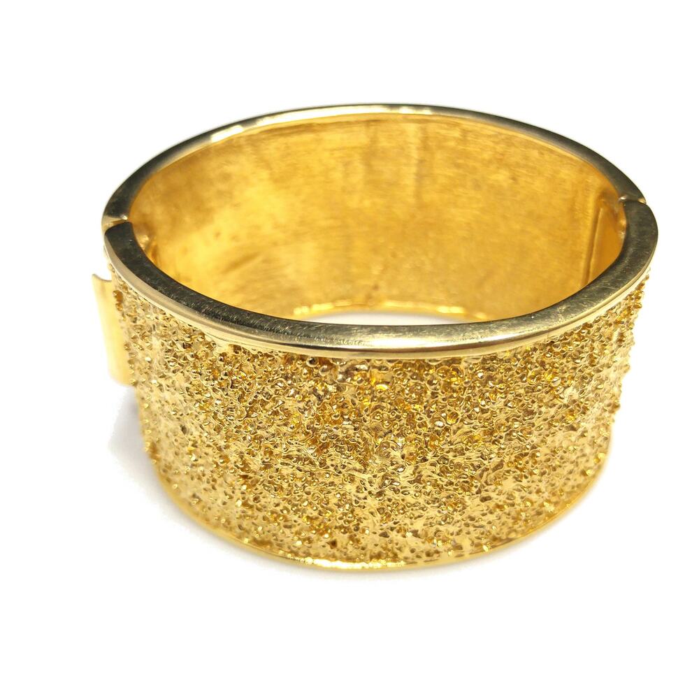 Vintage Wide Gold Tone Nugget Cuff Bracelet Hinged Statement Bangle